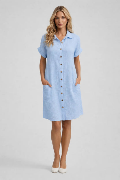 Midi Jurk Dames - Hemd Stijl met Knoopsluiting en Korte Mouwen