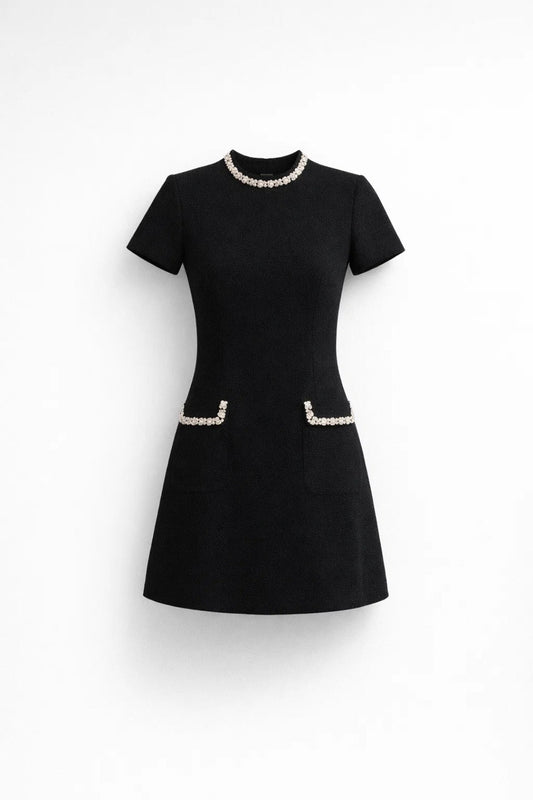 Mini Jurk Dames - A-lijn met Korte Mouwen en Parel Detail | Chique