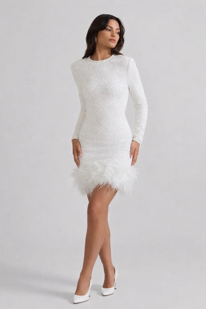 Mini Jurk Dames - Bodycon Lange Mouwen met Veren Detail | Elegant