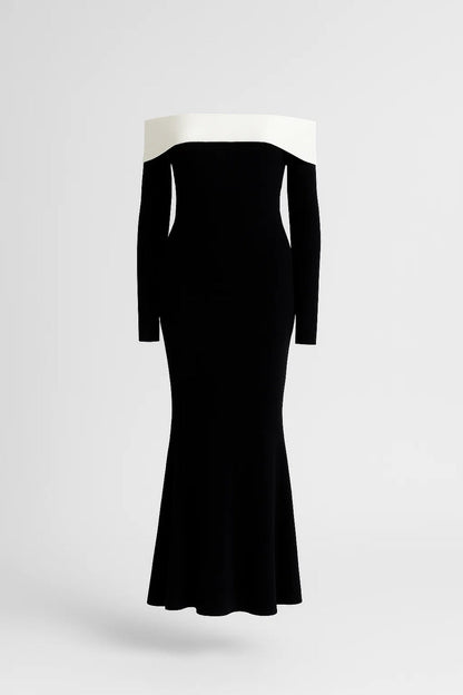 Lange Avondjurk | Off-Shoulder met Contrasterende Halslijn | Lichtgewicht en Ademend