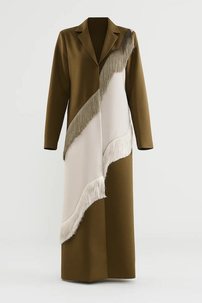 Lange Damesjas | Asymmetrisch Design met Franjedetail | Artistieke Uitstraling
