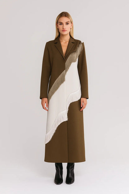 Lange Damesjas | Asymmetrisch Design met Franjedetail | Artistieke Uitstraling