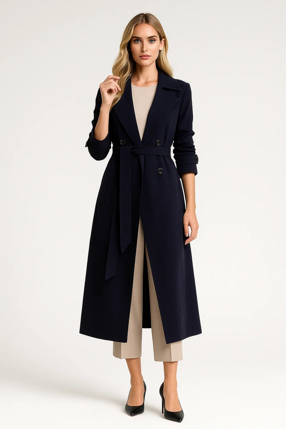 Lange Damesjas | Double-Breasted Model met Ceintuur | Klassieke Winterstijl