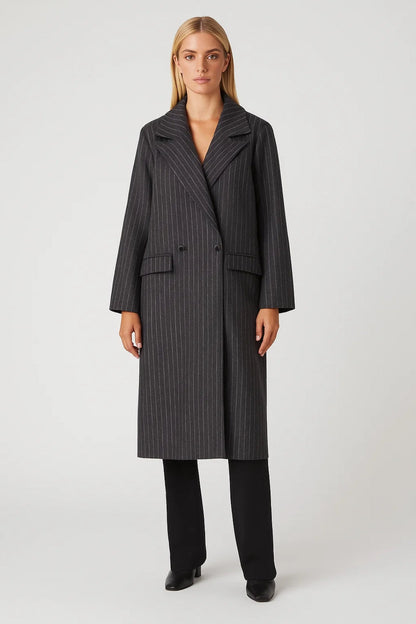 Lange Damesjas | Dubbelknoop met Revers | Gestreept en Klassiek