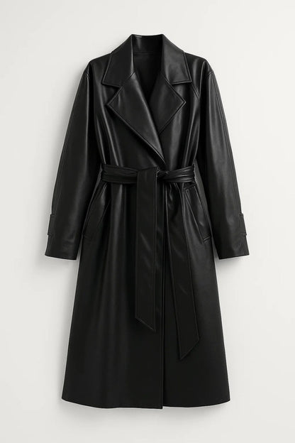 Lange Damesjas | Geknoopte Taille en Oversized Revers | Elegant Silhouet