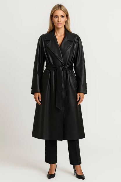 Lange Damesjas | Geknoopte Taille en Oversized Revers | Elegant Silhouet