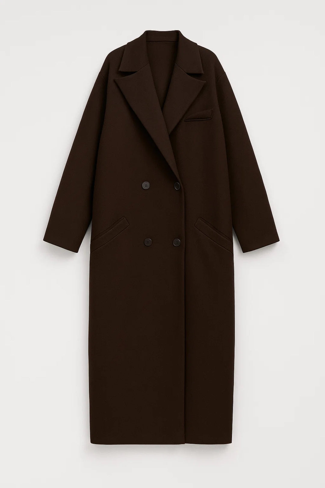 Lange Damesjas | Oversized Dubbele Knoopsluiting | Minimalistische Elegantie