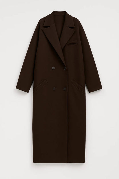 Lange Damesjas | Oversized Dubbele Knoopsluiting | Minimalistische Elegantie