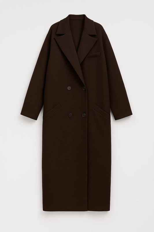 Lange Damesjas | Oversized Dubbele Knoopsluiting | Minimalistische Elegantie