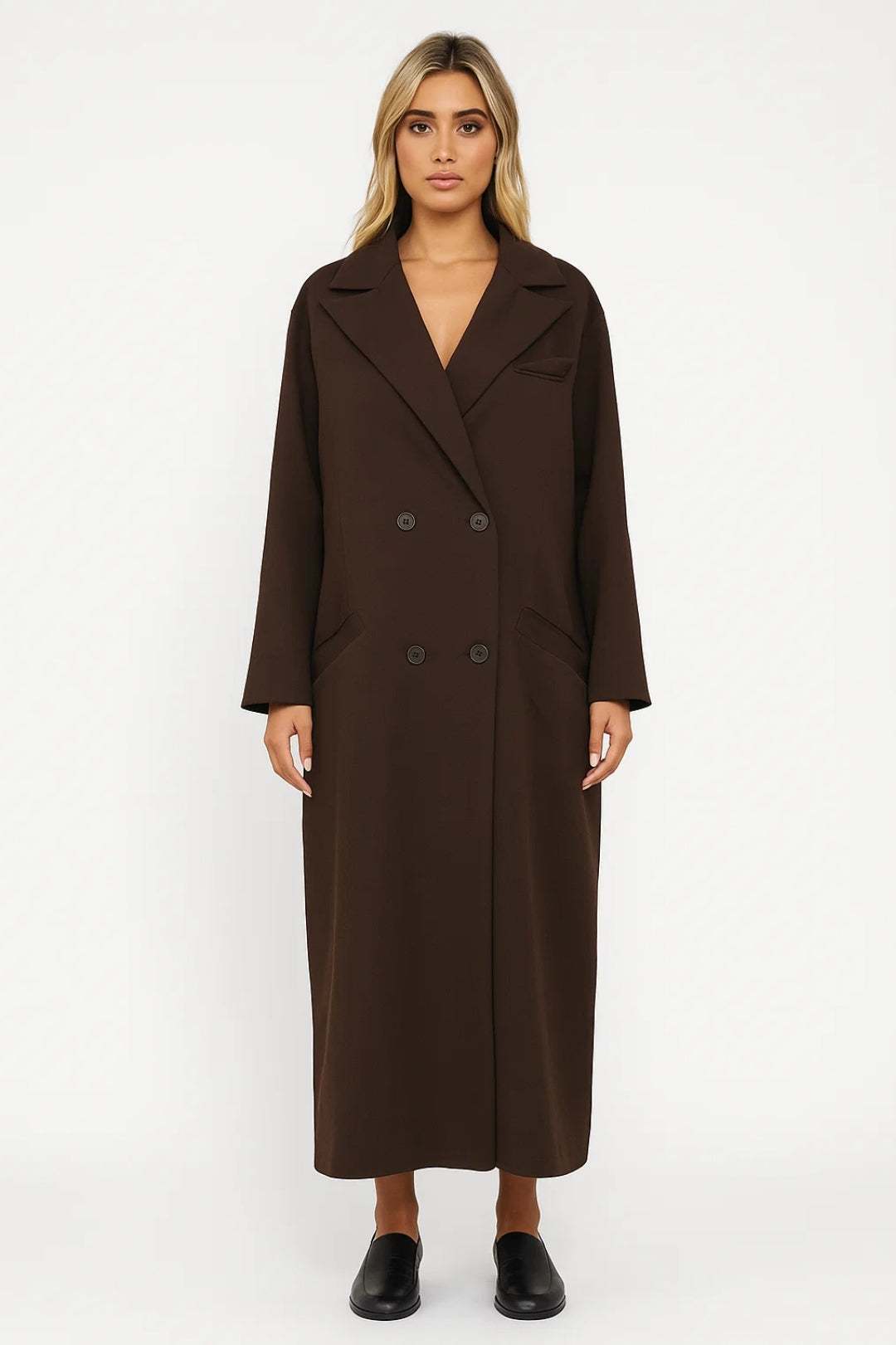 Lange Damesjas | Oversized Dubbele Knoopsluiting | Minimalistische Elegantie