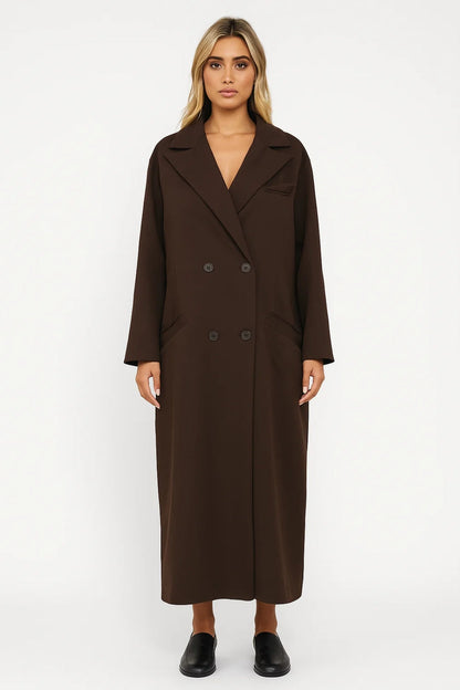Lange Damesjas | Oversized Dubbele Knoopsluiting | Minimalistische Elegantie