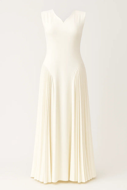 Lange Damesjurk | Mouwloos Ontwerp met Plooidetail | Elegante V-Hals
