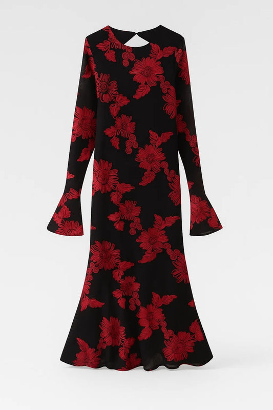 Lange Gebloemde Jurk | Trompetmouwen en Open Rugdetail | Elegante Avondlook
