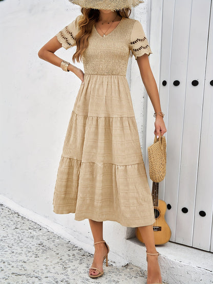 Lara - Boho Bruiloft Gastenjurk Dames met V-hals en Gelaagde Rok