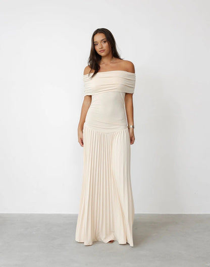 Lara - Chique Bruiloft Gastenjurk Dames met Off-Shoulder en Geplooide Maxi-rok