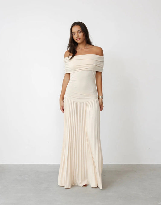Lara - Chique Bruiloft Gastenjurk Dames met Off-Shoulder en Geplooide Maxi-rok