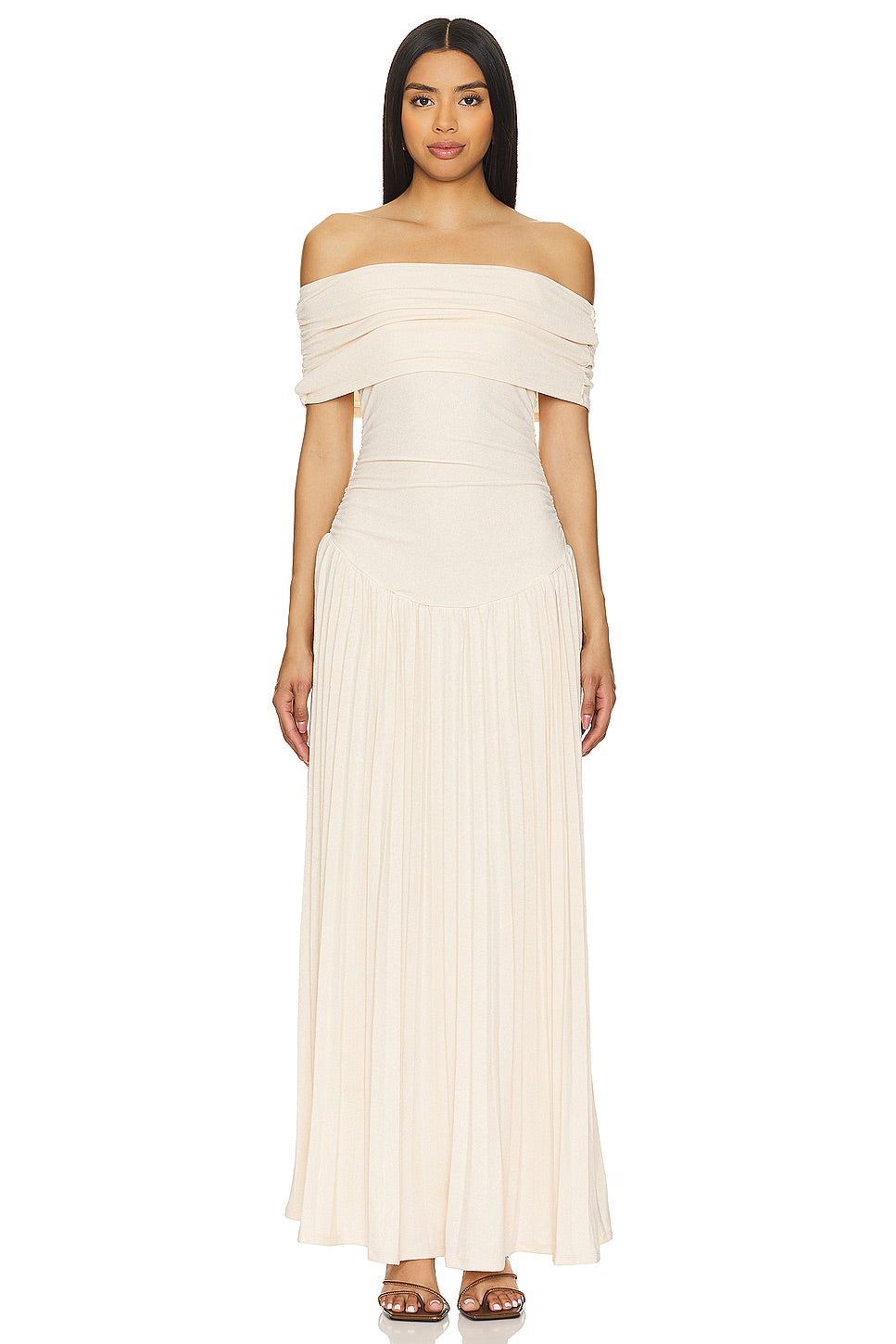 Lara - Chique Bruiloft Gastenjurk Dames met Off-Shoulder en Geplooide Maxi-rok
