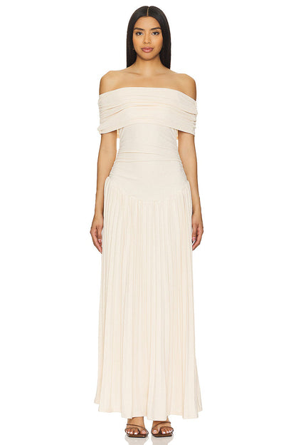 Lara - Chique Bruiloft Gastenjurk Dames met Off-Shoulder en Geplooide Maxi-rok