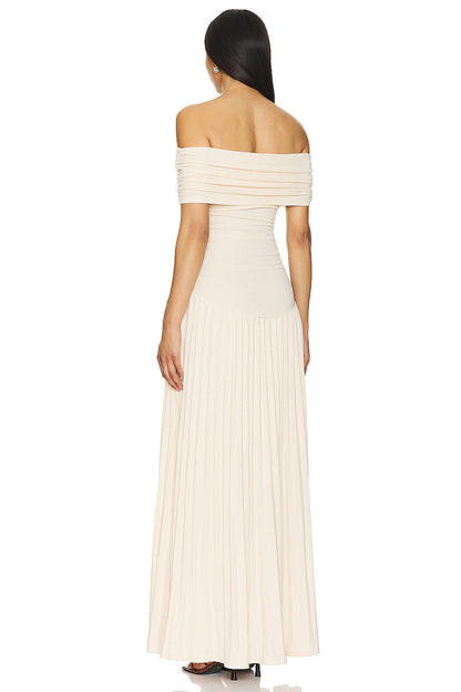 Lara - Chique Bruiloft Gastenjurk Dames met Off-Shoulder en Geplooide Maxi-rok