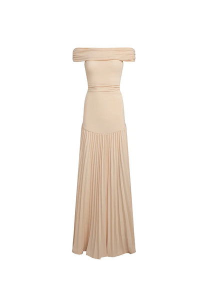 Lara - Chique Bruiloft Gastenjurk Dames met Off-Shoulder en Geplooide Maxi-rok