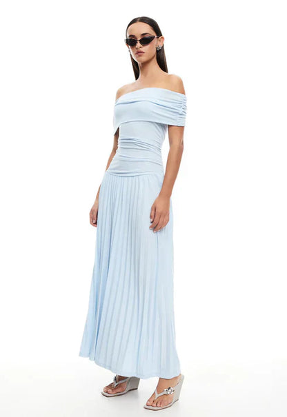 Lara - Chique Bruiloft Gastenjurk Dames met Off-Shoulder en Geplooide Maxi-rok