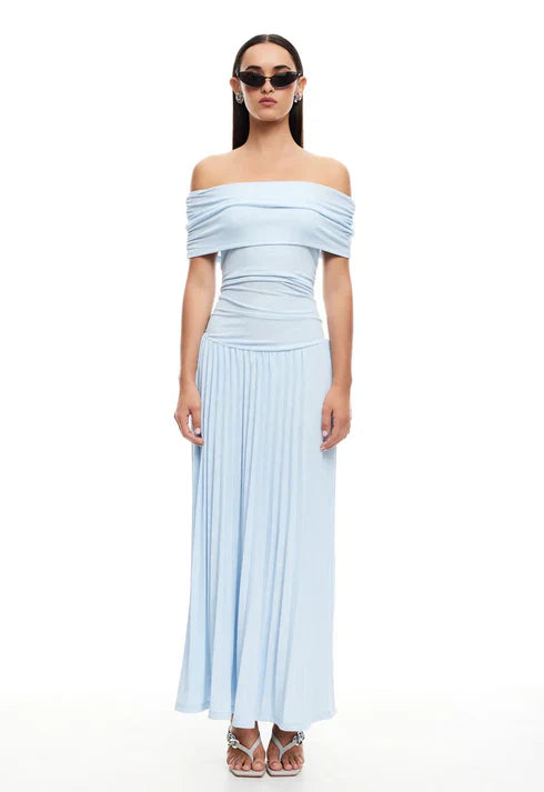 Lara - Chique Bruiloft Gastenjurk Dames met Off-Shoulder en Geplooide Maxi-rok
