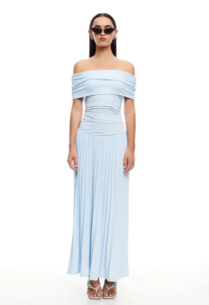 Lara - Chique Bruiloft Gastenjurk Dames met Off-Shoulder en Geplooide Maxi-rok
