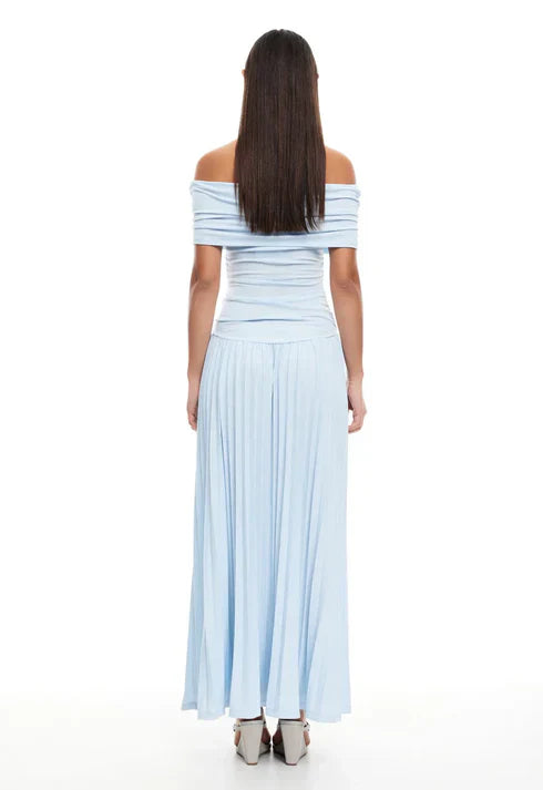 Lara - Chique Bruiloft Gastenjurk Dames met Off-Shoulder en Geplooide Maxi-rok