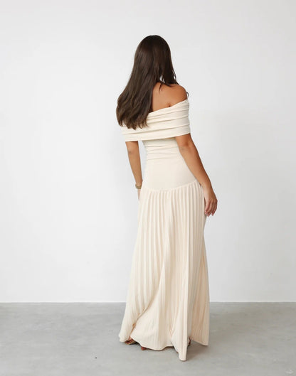 Lara - Chique Bruiloft Gastenjurk Dames met Off-Shoulder en Geplooide Maxi-rok
