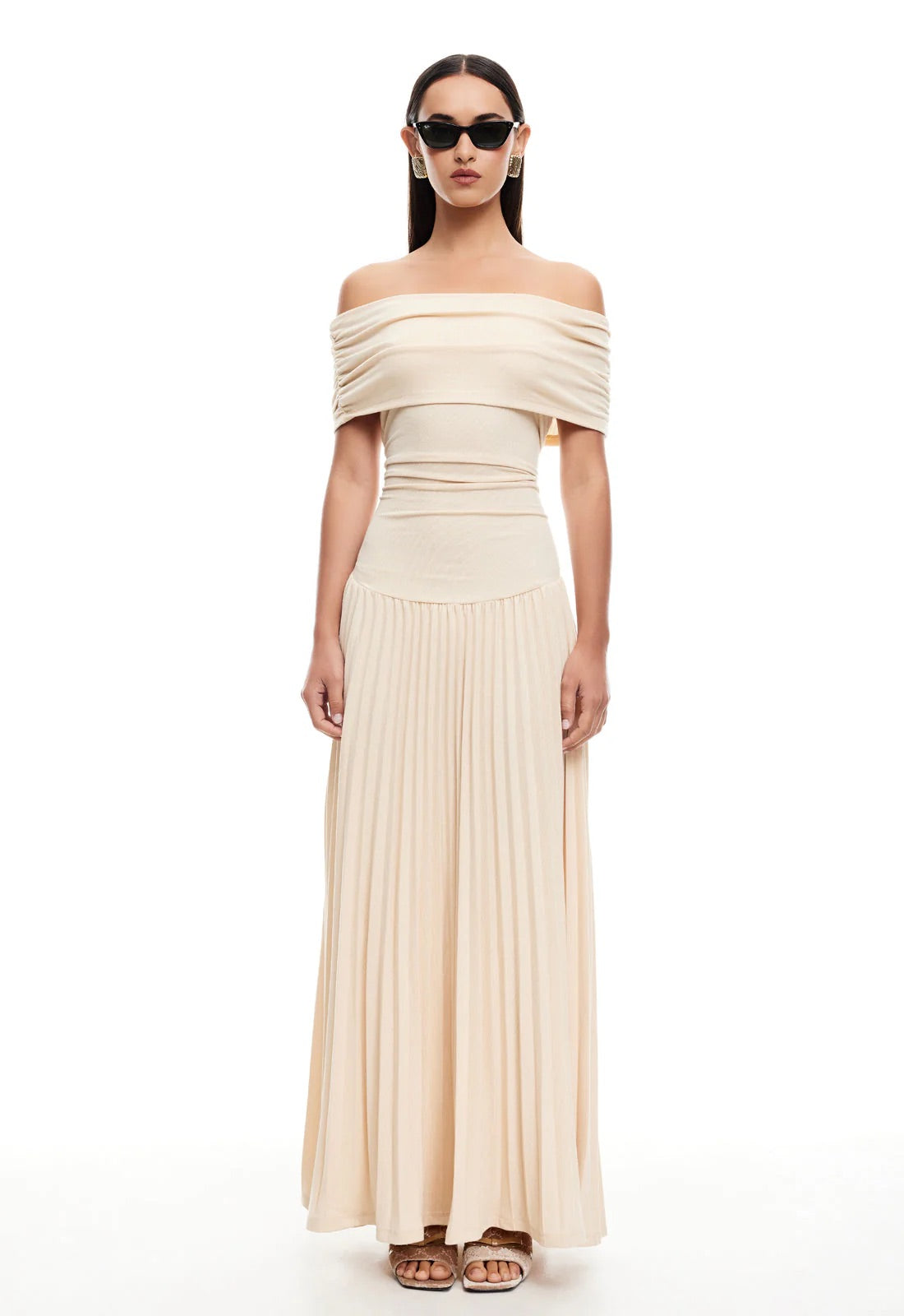 Lara - Chique Bruiloft Gastenjurk Dames met Off-Shoulder en Geplooide Maxi-rok