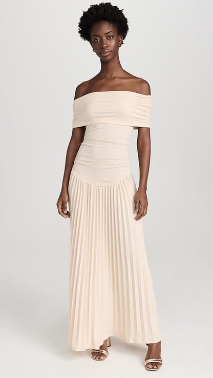 Lara - Chique Bruiloft Gastenjurk Dames met Off-Shoulder en Geplooide Maxi-rok