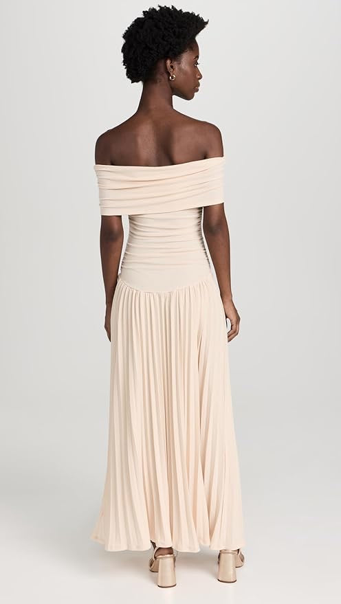 Lara - Chique Bruiloft Gastenjurk Dames met Off-Shoulder en Geplooide Maxi-rok