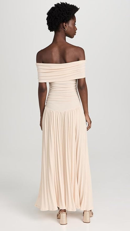 Lara - Chique Bruiloft Gastenjurk Dames met Off-Shoulder en Geplooide Maxi-rok