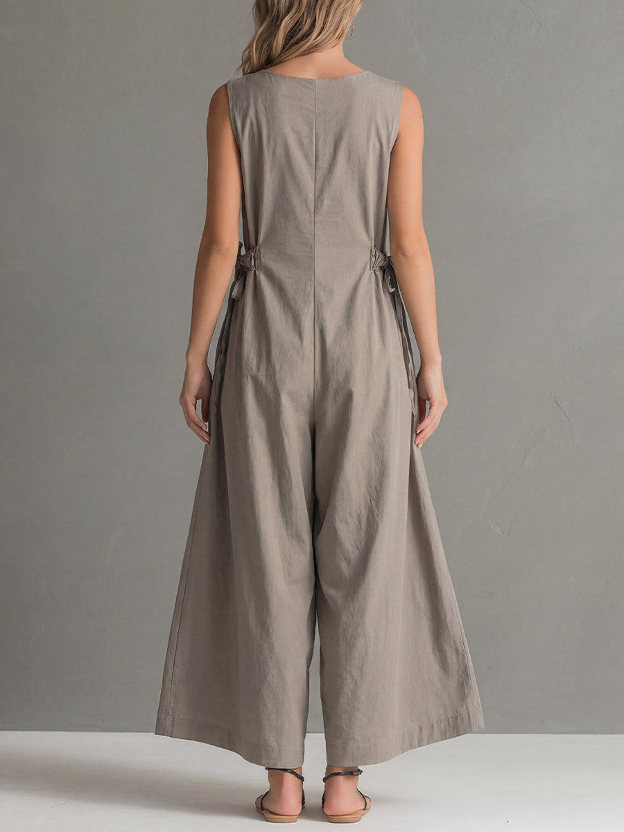 Lara - Chique Linnen Jumpsuit Dames met Diepe V-hals en Siergesp Detail