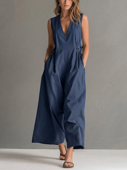 Lara - Chique Linnen Jumpsuit Dames met Diepe V-hals en Siergesp Detail