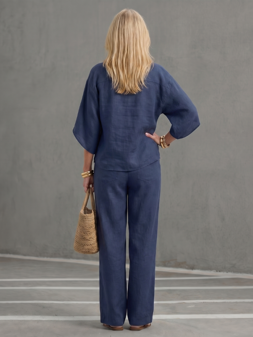 Lara - Chique Linnen Tweedelige Set Dames met Kimonomouwen en Rechte Broek