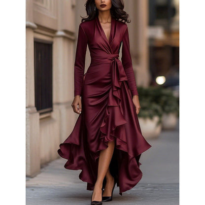 Lara - Elegante Bruiloft Gast Jurk Dames Maxi met Diepe V-hals en Volant Zoom