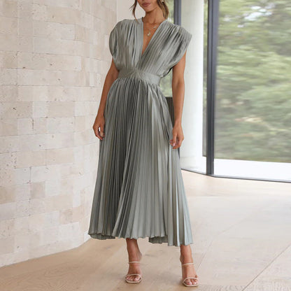 Lara - Elegante Bruiloft Gastenjurk Dames met Diepe V-hals en Geplooide Rok