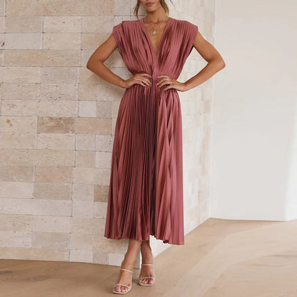 Lara - Elegante Bruiloft Gastenjurk Dames met Diepe V-hals en Geplooide Rok