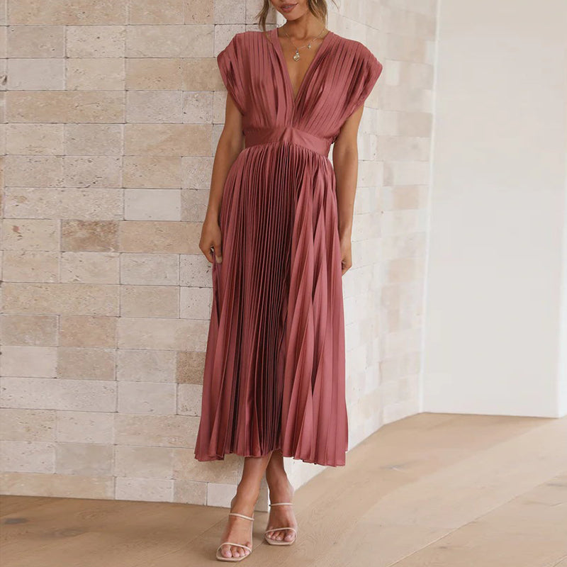 Lara - Elegante Bruiloft Gastenjurk Dames met Diepe V-hals en Geplooide Rok