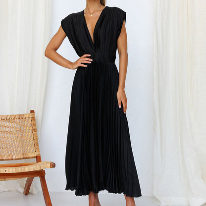 Lara - Elegante Bruiloft Gastenjurk Dames met Diepe V-hals en Geplooide Rok