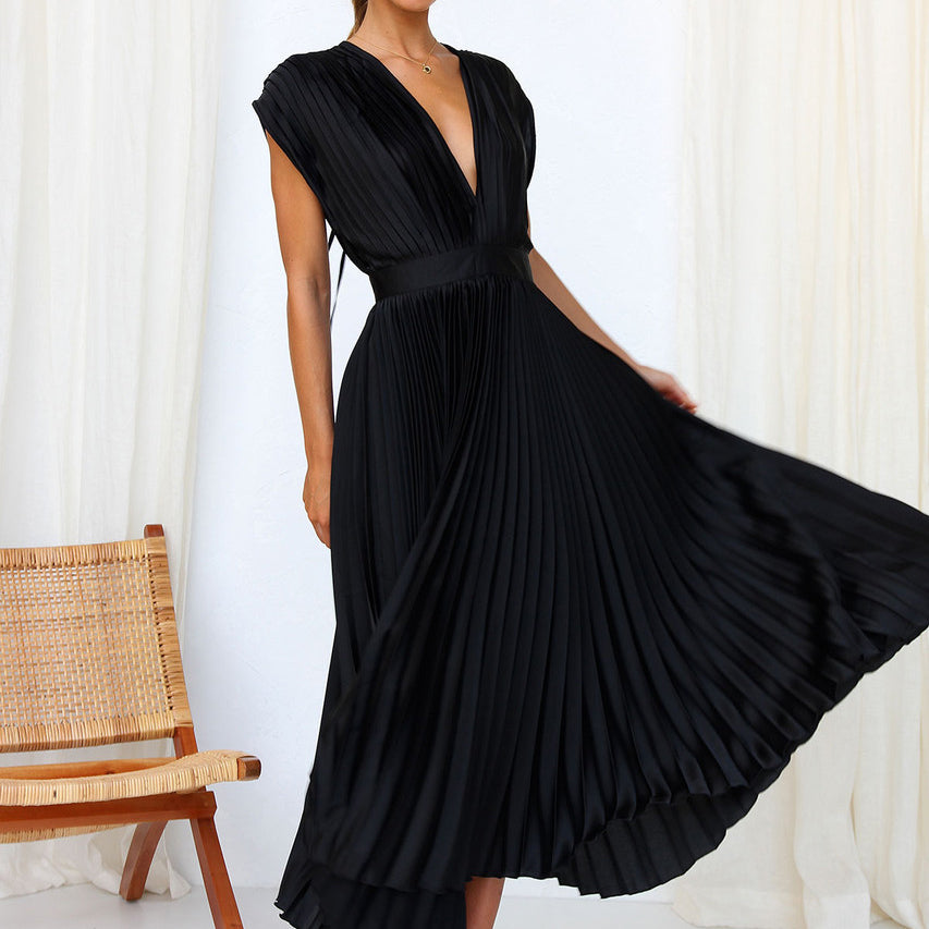 Lara - Elegante Bruiloft Gastenjurk Dames met Diepe V-hals en Geplooide Rok
