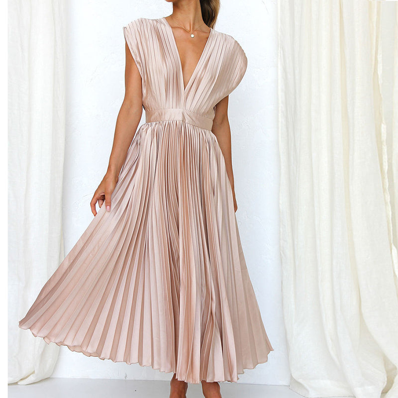Lara - Elegante Bruiloft Gastenjurk Dames met Diepe V-hals en Geplooide Rok