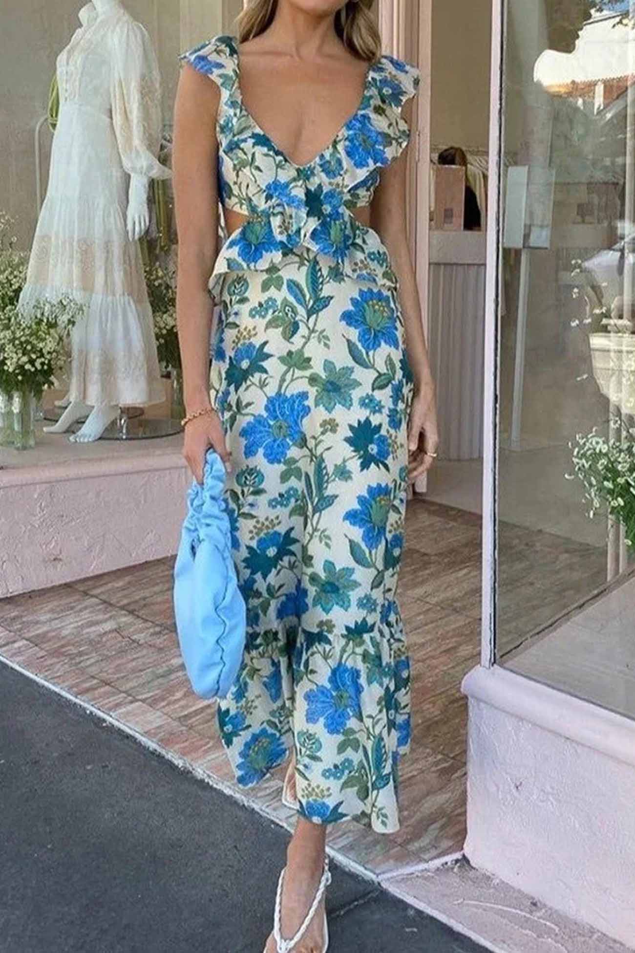 Lieke - Boho Bruiloft Gastenjurk Dames met Bloemenprint en Ruffle Schouderbandjes