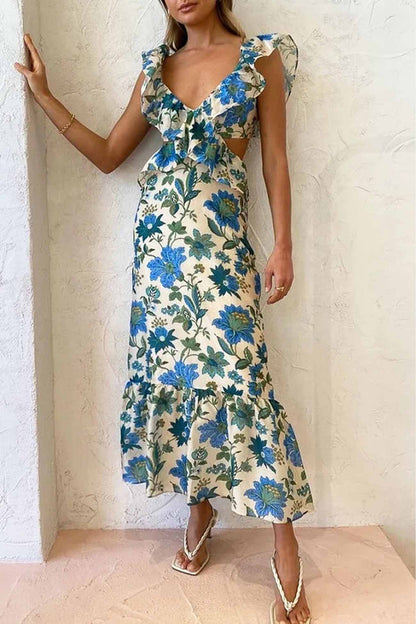 Lieke - Boho Bruiloft Gastenjurk Dames met Bloemenprint en Ruffle Schouderbandjes