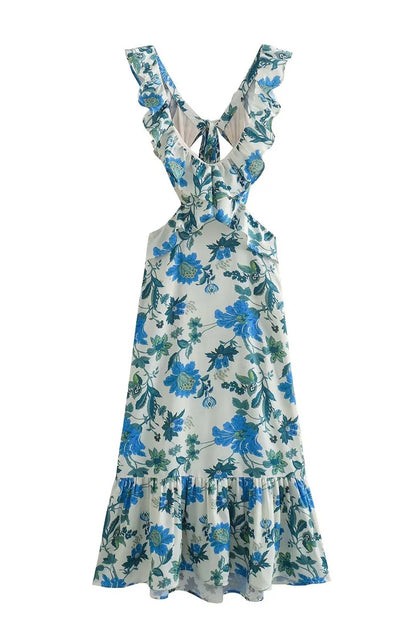 Lieke - Boho Bruiloft Gastenjurk Dames met Bloemenprint en Ruffle Schouderbandjes