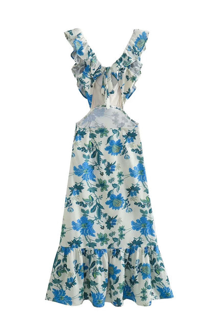 Lieke - Boho Bruiloft Gastenjurk Dames met Bloemenprint en Ruffle Schouderbandjes