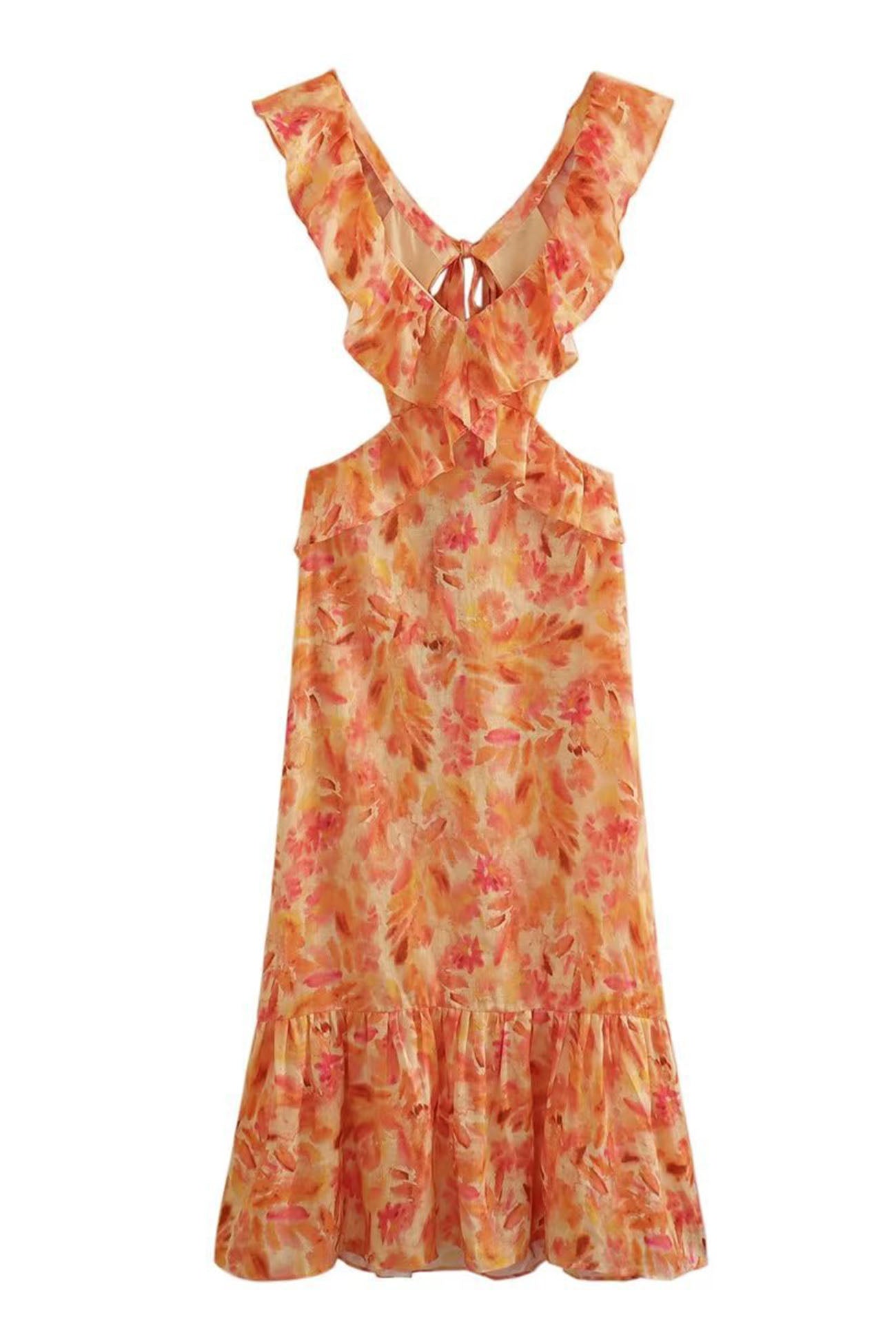 Lieke - Boho Bruiloft Gastenjurk Dames met Bloemenprint en Ruffle Schouderbandjes