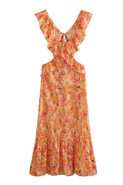 Lieke - Boho Bruiloft Gastenjurk Dames met Bloemenprint en Ruffle Schouderbandjes