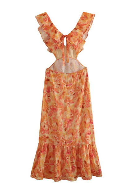 Lieke - Boho Bruiloft Gastenjurk Dames met Bloemenprint en Ruffle Schouderbandjes